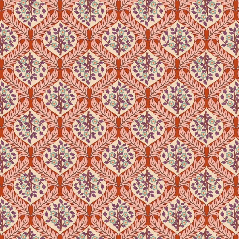 Lewis&Irene kankaiden Isabella kokoelman Hidcote Tree on Terracotta A853.2 puuvillakangas, geometriset kukkakuviot punaisella pohjalla