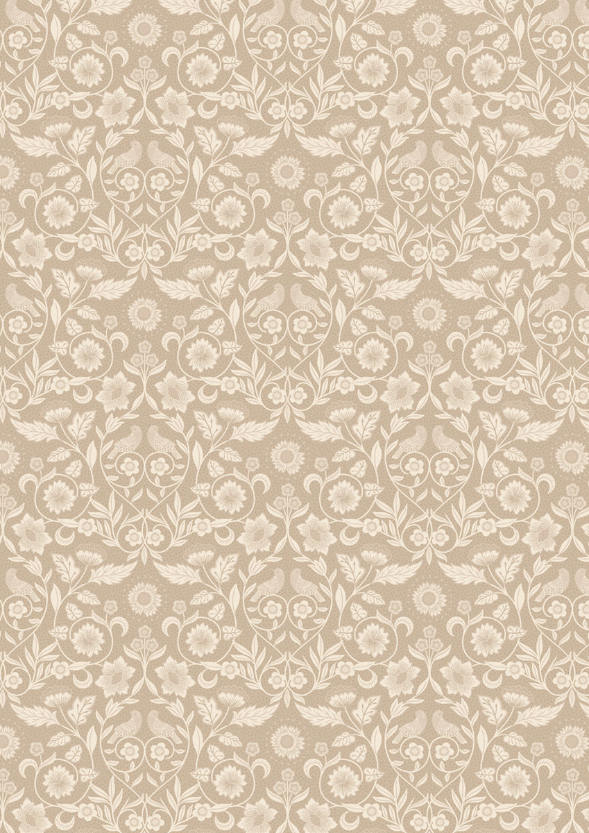 Lewis and Irene kankaiden Isabella kokoelman Isabella Small Taupe A854.2 puuvillakangas, vaaleat kukat ja linnut beesilla pohjalla