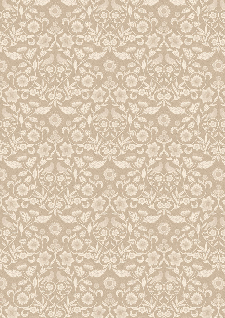 Lewis and Irene kankaiden Isabella kokoelman Isabella Small Taupe A854.2 puuvillakangas, vaaleat kukat ja linnut beesilla pohjalla