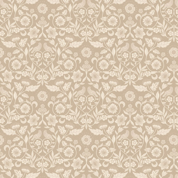 Lewis and Irene kankaiden Isabella kokoelman Isabella Small Taupe A854.2 puuvillakangas, vaaleat kukat ja linnut beesilla pohjalla