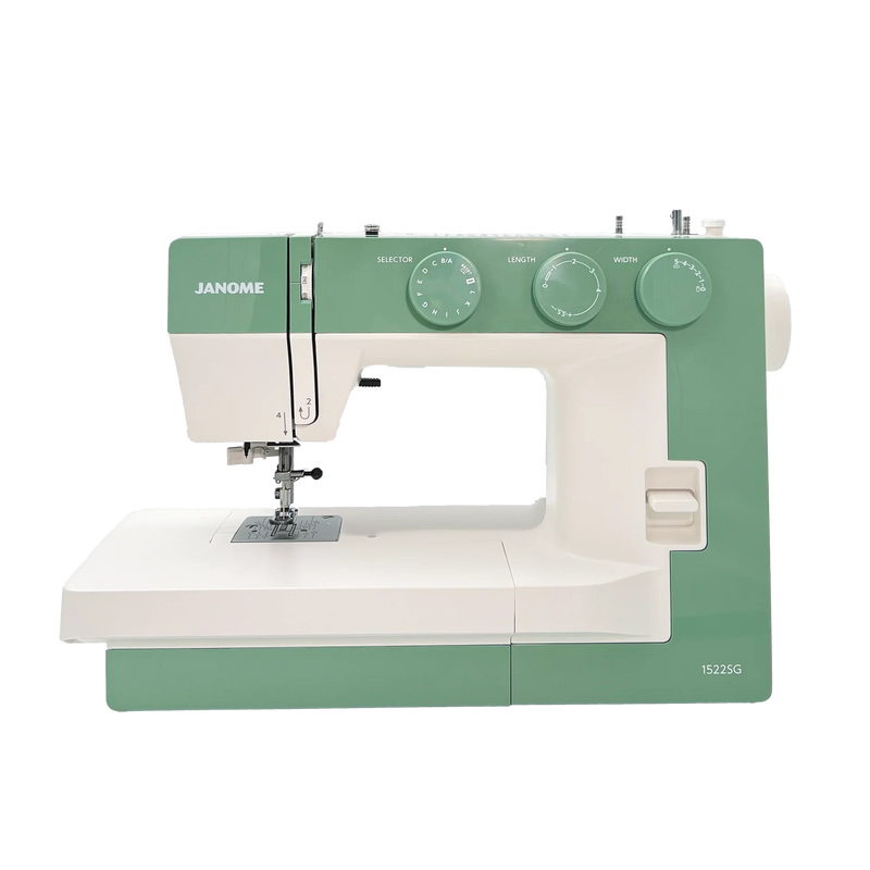 Janome 1522 Smokey Green -mekaaninen ompelukone, jossa 22 ommelta, säädettävä paininjalan puristus ja leveä vapaavarsipöytä. Täydellinen ompelukone kaikenlaisiin ompeluprojekteihin.