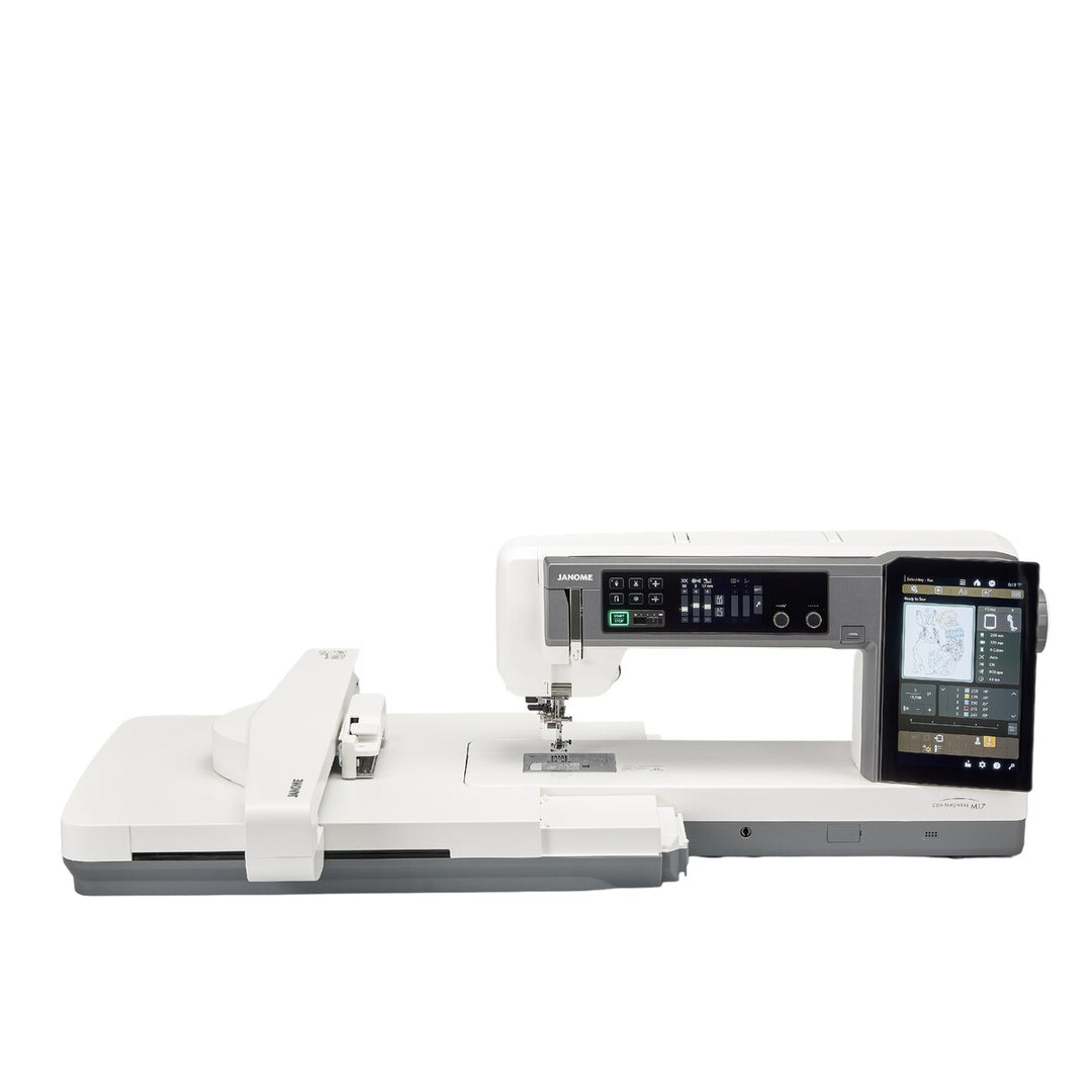 Janome Continental M17 – huippuluokan elektroninen ompelu- ja kirjontakone kahdella värikosketusnäytöllä ja viidellä kirjontakehikolla.
