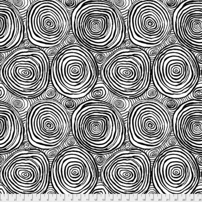 Kaffe Fassett Collectiven Stash kokoelmasta Onion Rings puuvillakangas, musta-valkoinen