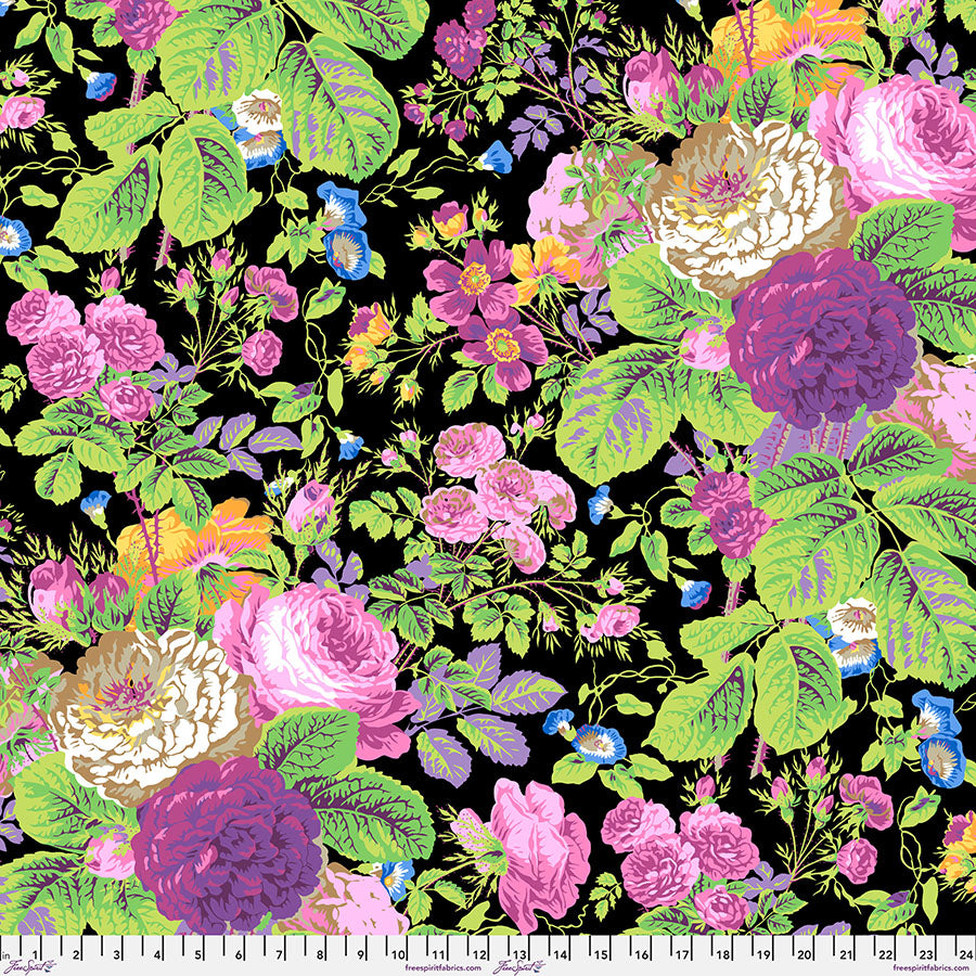 Kaffe Fassett Collective Grandi Floral Contrast PWPJ053.CONTRAST puuvillakangas, helmikuu 2025 kokoelma, musta tausta, värikkäitä kukkia ja lehtiä, tilkkunen.com
