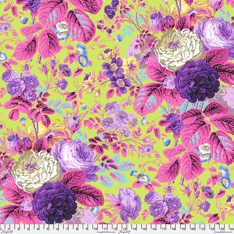 Kaffe Fassett Collective Grandi Floral Contrast PWPJ053.CONTRAST puuvillakangas, helmikuu 2025 kokoelma, lime tausta, värikkäitä kukkia ja lehtiä, tilkkunen.com