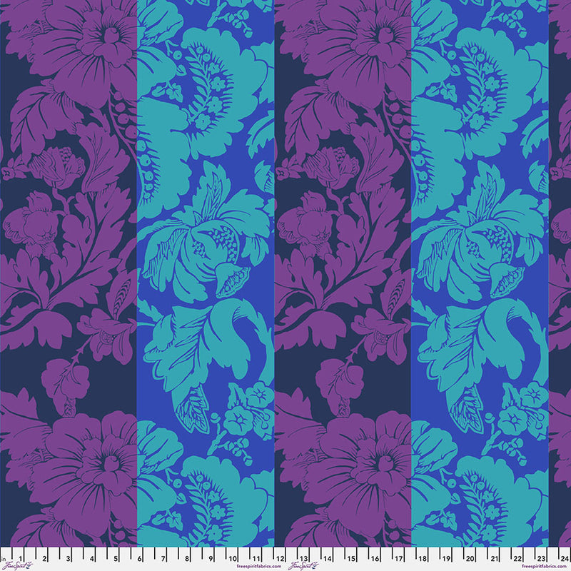 Kaffe Fassett Romance Cool -kangas, leveät kukkakuosiset pystypaneelit turkoosin, violetin ja sinisen sävyissä – PWGP210.COOL