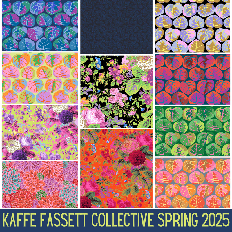 Kaffe Fassett Collective Kevät 2025 -kokoelman 11 kpl Fat Quarter -paketti rohkeilla väreillä ja kuvioilla.