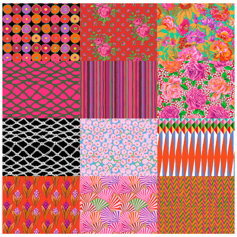 Kaffe Fassett Collectiven Spring 2026 kokoelmasta hehkuvat sävyt nippu, 12 kpl