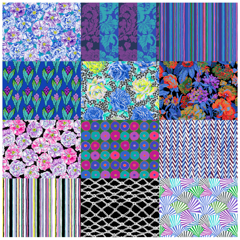Kaffe Fassett Collectiven Spring 2026 kokoelman viileän sävyinen kangas nippu, 12 kpl, sininen, violetti, musta