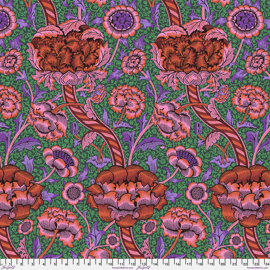 Kaffe X Morris&Co. - Wandle Red PWKW012.RED puuvillakangas, jossa yhdistyvät William Morrisin ikoniset kuviot ja Kaffe Fassettin rohkeat värit.