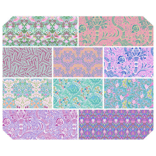 Kaffe Fassett x Morris & Co. Blush Fat Quarter Bundle - 10 puuvillakangaspalaa, ikonisia Morris-kuoseja ja lilan ja turkoosin sävyjä, 45 x 55 cm.