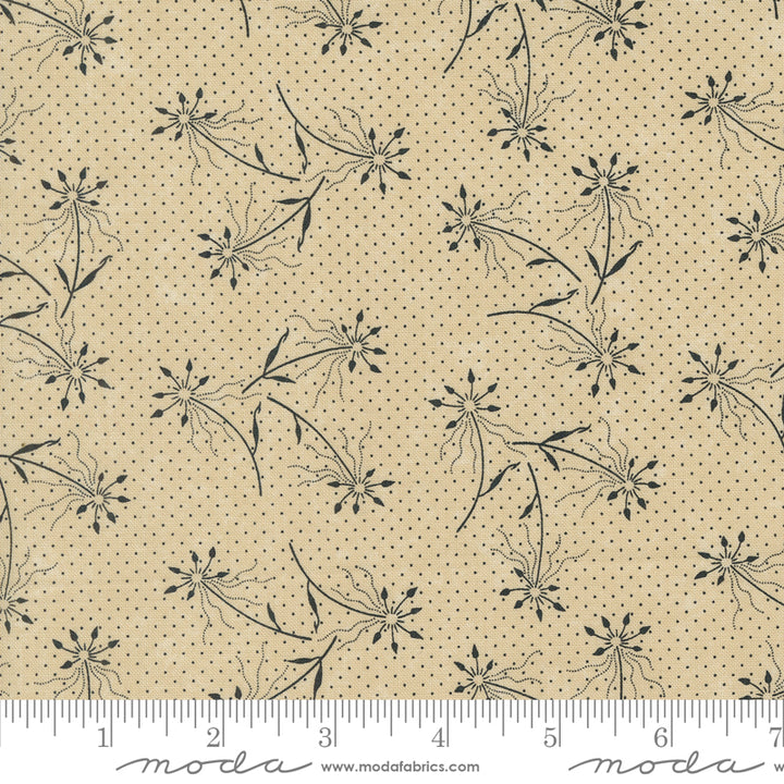 Kansas Troubles Quilters - Blackbird's Nest Dandelions Tan puuvillakangas, jossa mustia voikukkakuvioita ja pieniä pilkkuja lämpimän beigen pohjalla.