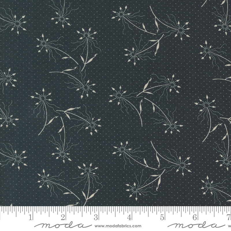 Kansas Troubles Quilters - Blackbird's Nest Dandelions Black puuvillakangas, jossa beesiä voikukkakuvioita ja pieniä pilkkuja mustan pohjalla.