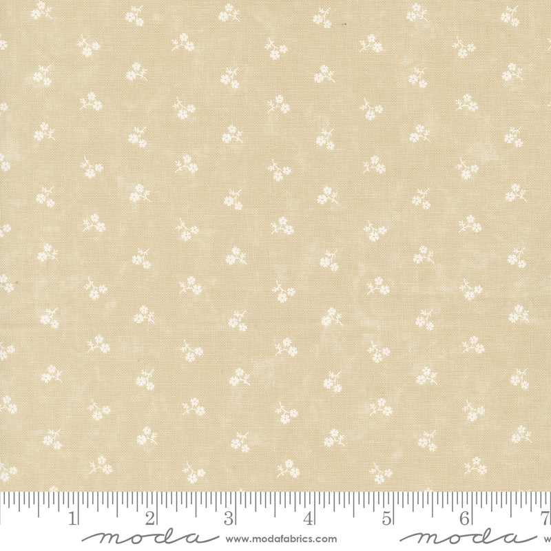 Kansas Troubles Quilters - Blackbird's Nest Daisies and Dots Tan Tonal puuvillakangas, jossa valkoisia kukkakuvioita ja pieniä pilkkuja beesin pohjalla.