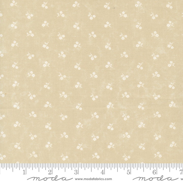Kansas Troubles Quilters - Blackbird's Nest Petie Petals Tan Tonal puuvillakangas, jossa valkoisia pieniä kukkakuvioita beigen pohjalla.