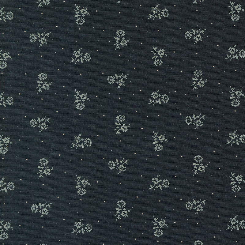 Kansas Troubles Quilters - Blackbird's Nest Thistle Black puuvillakangas, jossa vaalea kukkakuvioita ja pieniä pilkkuja mustan pohjalla.