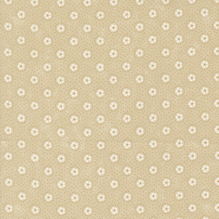 Kansas Troubles Quilters - Blackbird's Nest Daisies and Dots Tan Tonal puuvillakangas, jossa valkoisia kukkakuvioita ja pieniä pilkkuja beesin pohjalla.