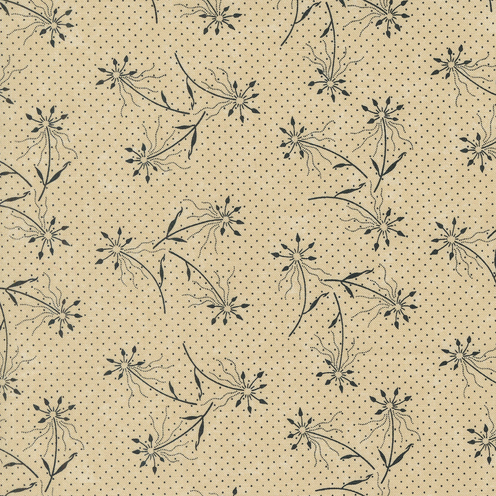Kansas Troubles Quilters - Blackbird's Nest Dandelions Tan puuvillakangas, jossa mustia voikukkakuvioita ja pieniä pilkkuja lämpimän beigen pohjalla.