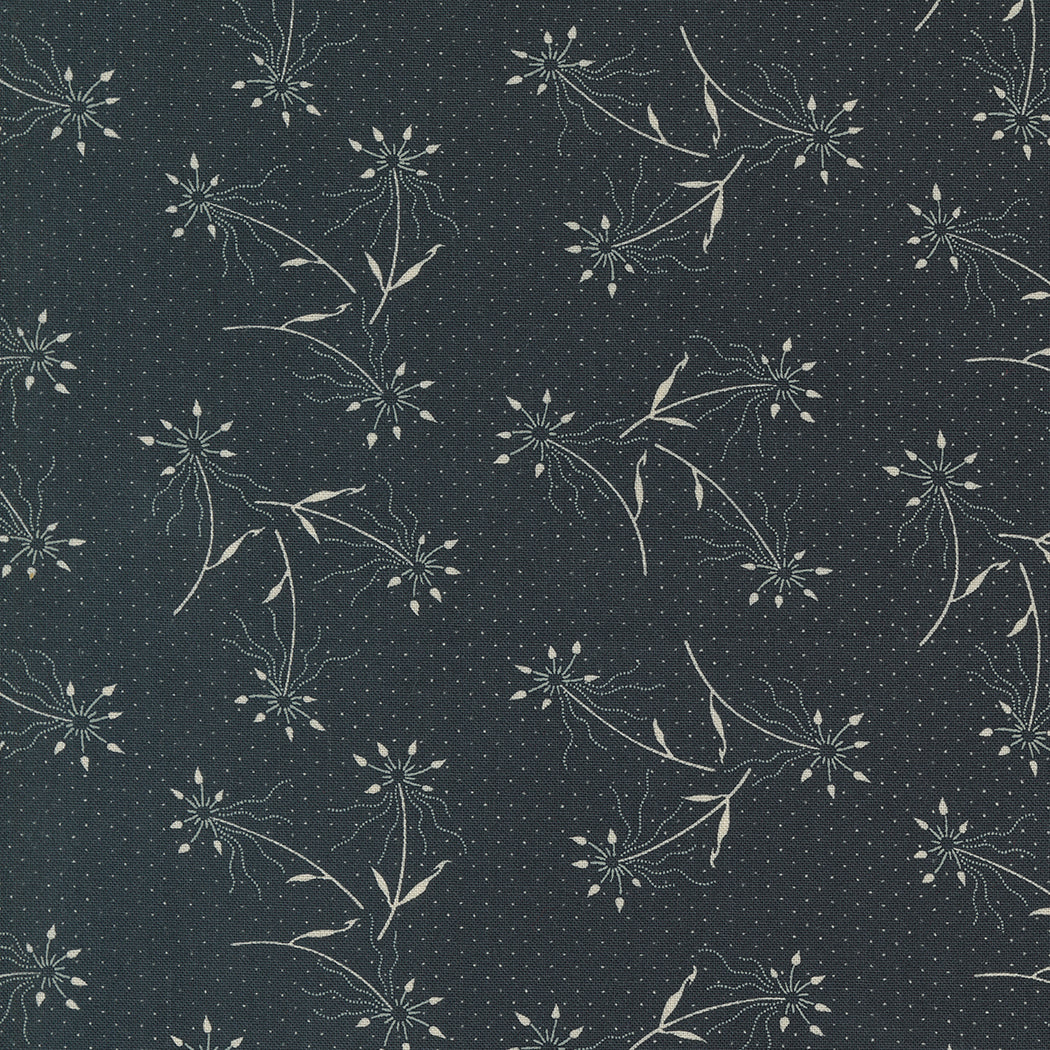 Kansas Troubles Quilters - Blackbird's Nest Dandelions Black puuvillakangas, jossa beesiä voikukkakuvioita ja pieniä pilkkuja mustan pohjalla.