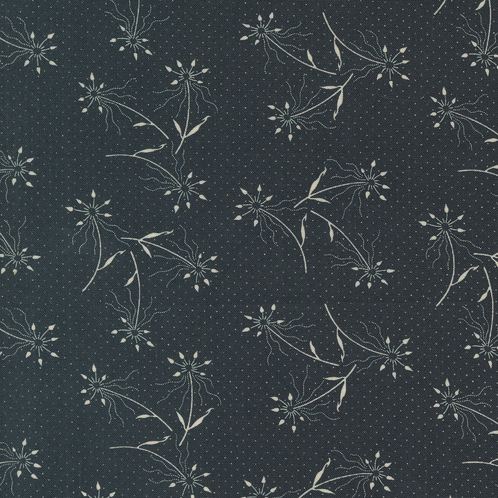 Kansas Troubles Quilters - Blackbird's Nest Dandelions Black puuvillakangas, jossa beesiä voikukkakuvioita ja pieniä pilkkuja mustan pohjalla.