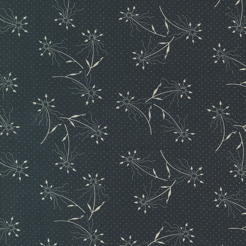 Kansas Troubles Quilters - Blackbird's Nest Dandelions Black puuvillakangas, jossa beesiä voikukkakuvioita ja pieniä pilkkuja mustan pohjalla.