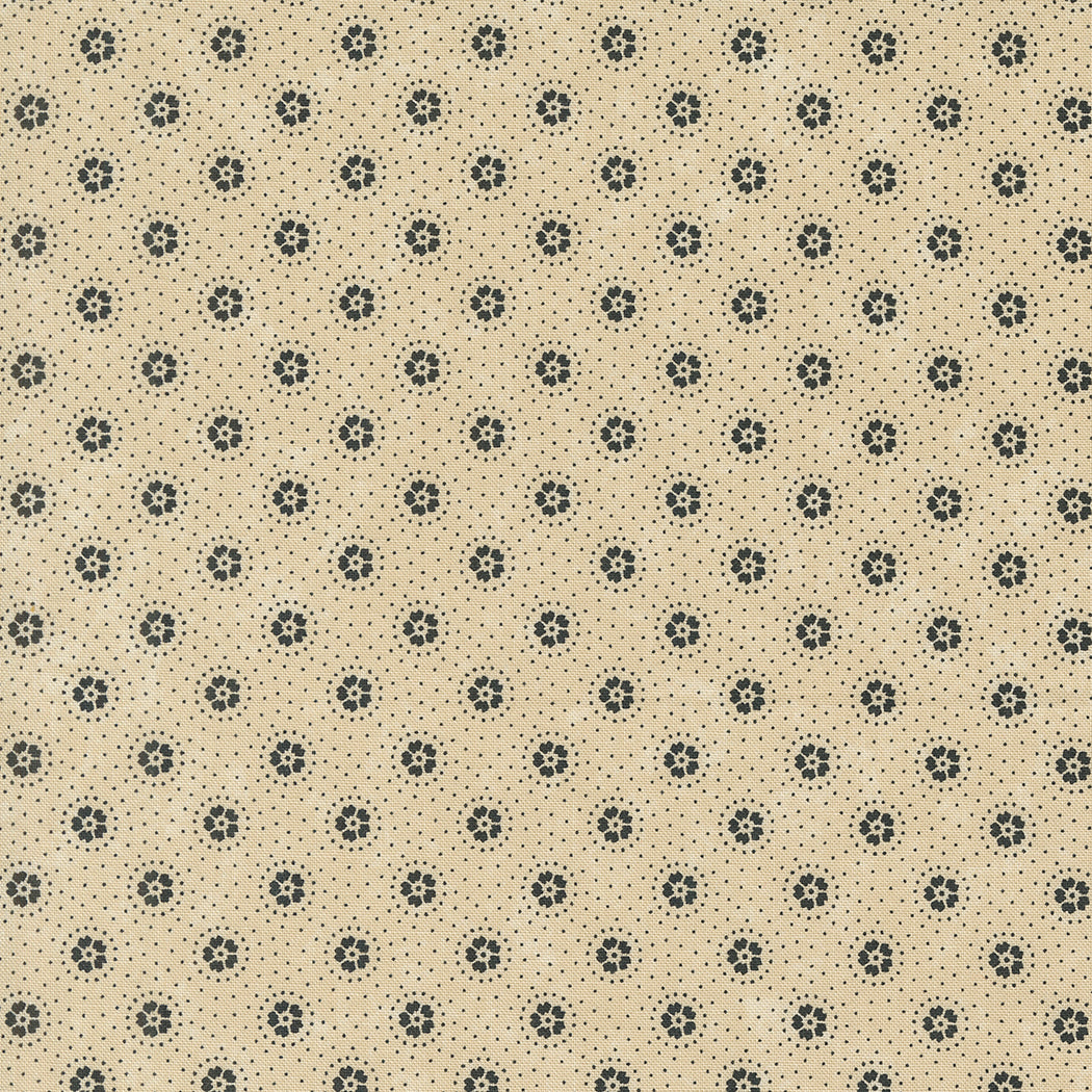Kansas Troubles Quilters - Blackbird's Nest Daisies and Dots Tan puuvillakangas, jossa mustia kukkakuvioita ja pieniä pilkkuja beesin pohjalla.