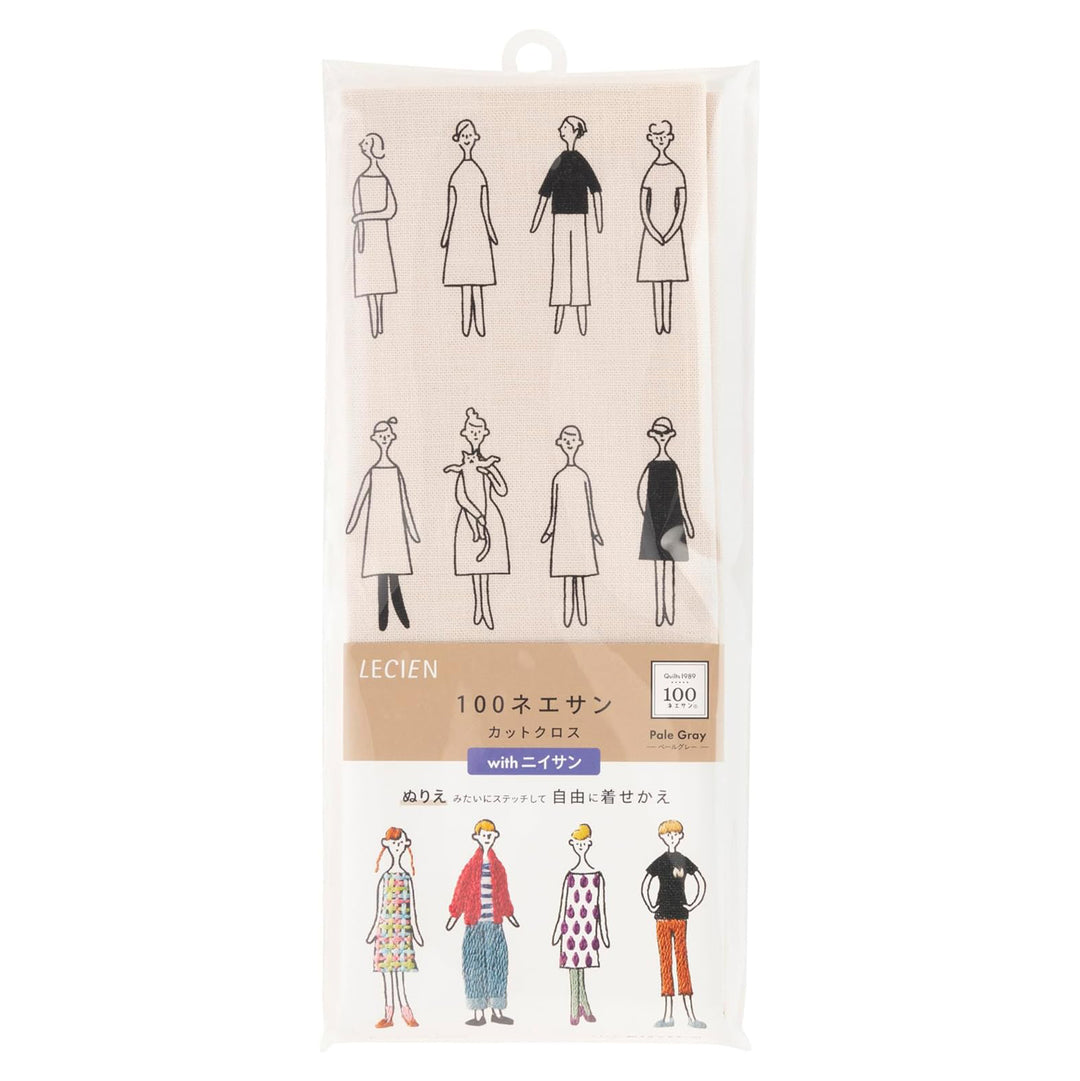 Lecien Cosmo 100 Ne-San -kirjontapaneeli, vaaleanharmaa kangas. Kazue Nakajiman 100 viivapiirrosta naisista koristeltavaksi. Inspiraatio: Quilts1989. Musta-valkoiset vaatteet