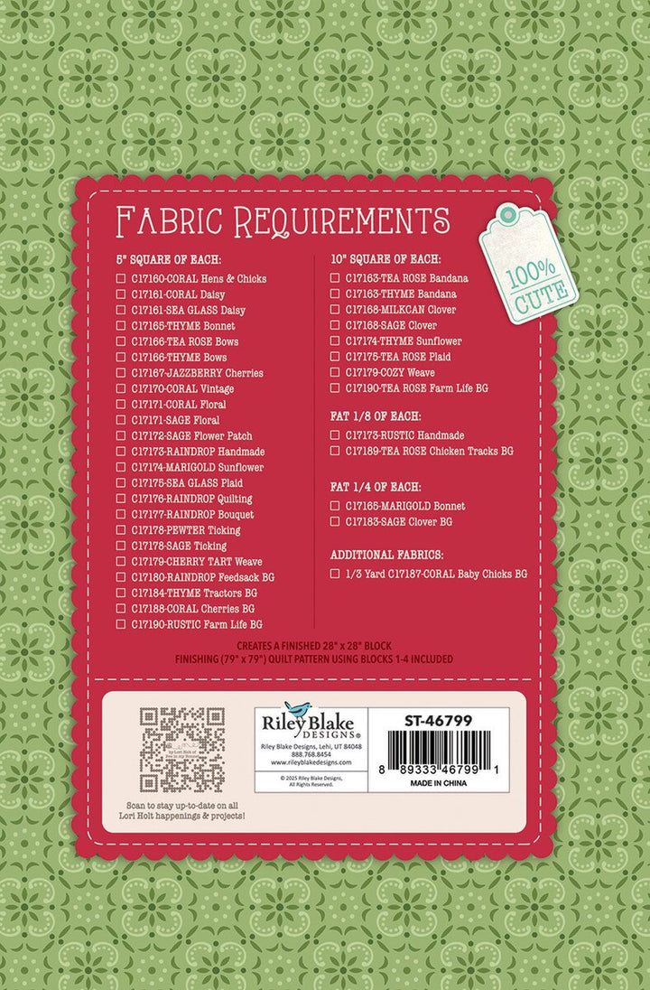 Lori Holt Farmer's Daughter Quilt Seeds™ Autumn Barn -tilkkutyöohje 71 cm lato-tilkkublokin ompeluun keräiltävässä siemenpussissa.