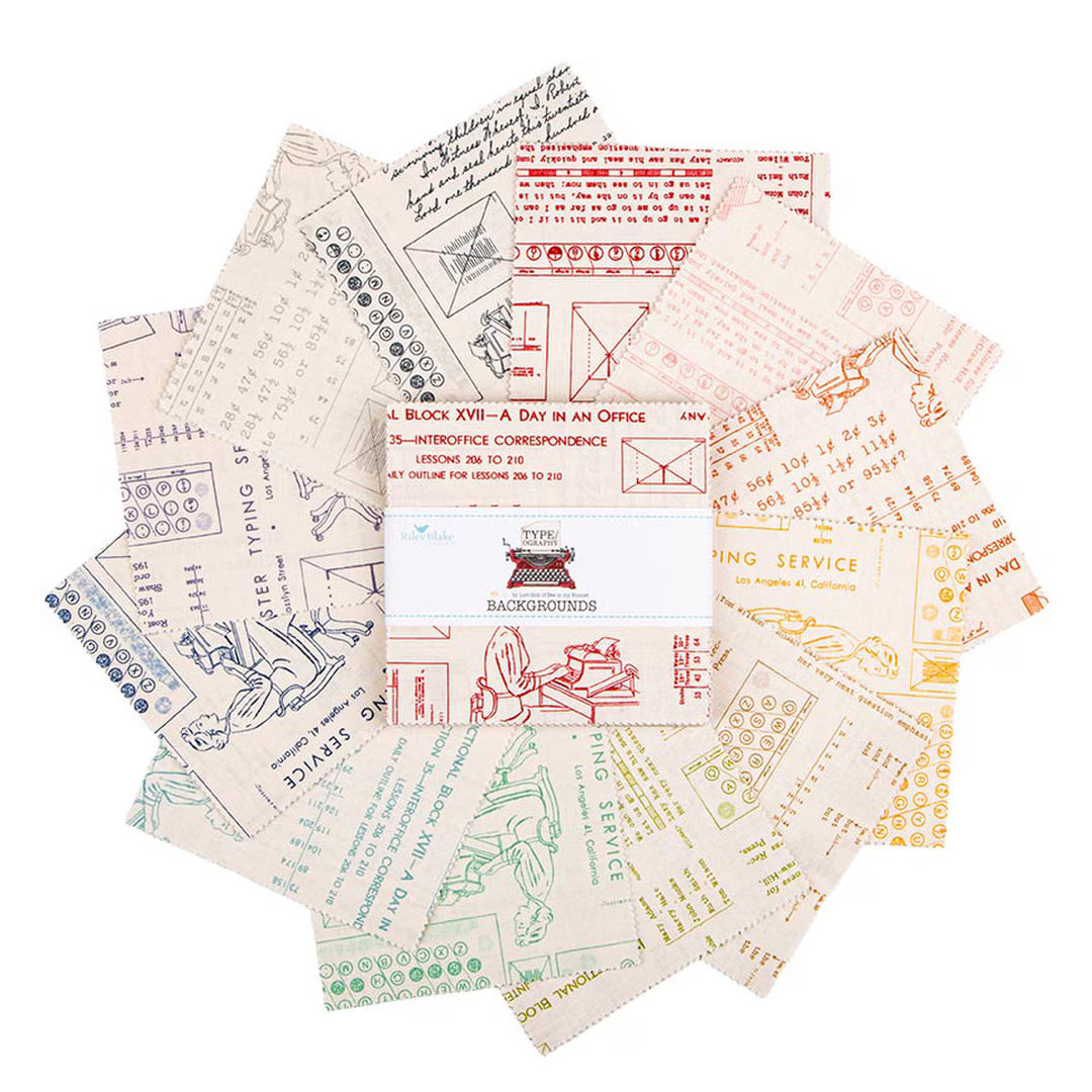 Type/ography B Charm Pack – Lori Holt suunnittelu, Riley Blake Designs.