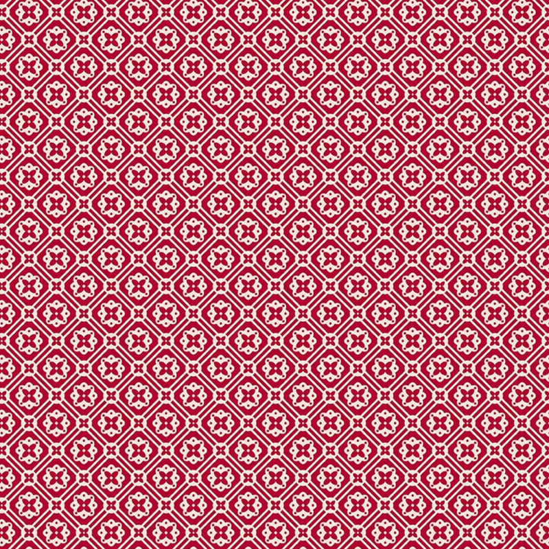 Lori Holtin Farmer's Daughter -kokoelman Doily Jazzberry -puuvillakangas. Punainen pohja, geometrisiä kuvioita, sopii tilkkutöihin ja käsitöihin.