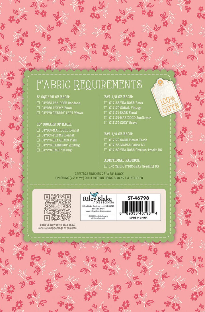 Lori Holt Farmer's Daughter Quilt Seeds™ Summer Barn -tilkkutyöohje 71 cm lato-tilkkublokin ompeluun keräiltävässä siemenpussissa.