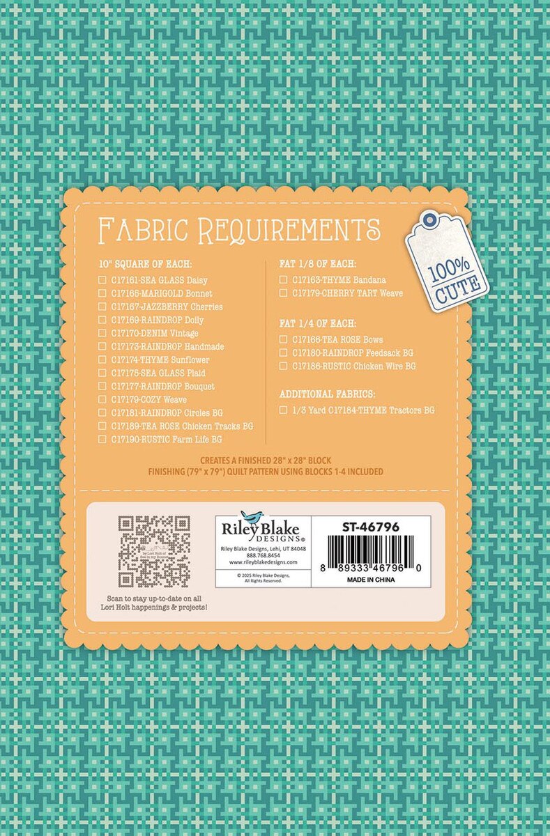 Lori Holt Farmer's Daughter Quilt Seeds™ Winter Barn -tilkkutyöohje 71 cm lato-tilkkublokin ompeluun keräiltävässä siemenpussissa.