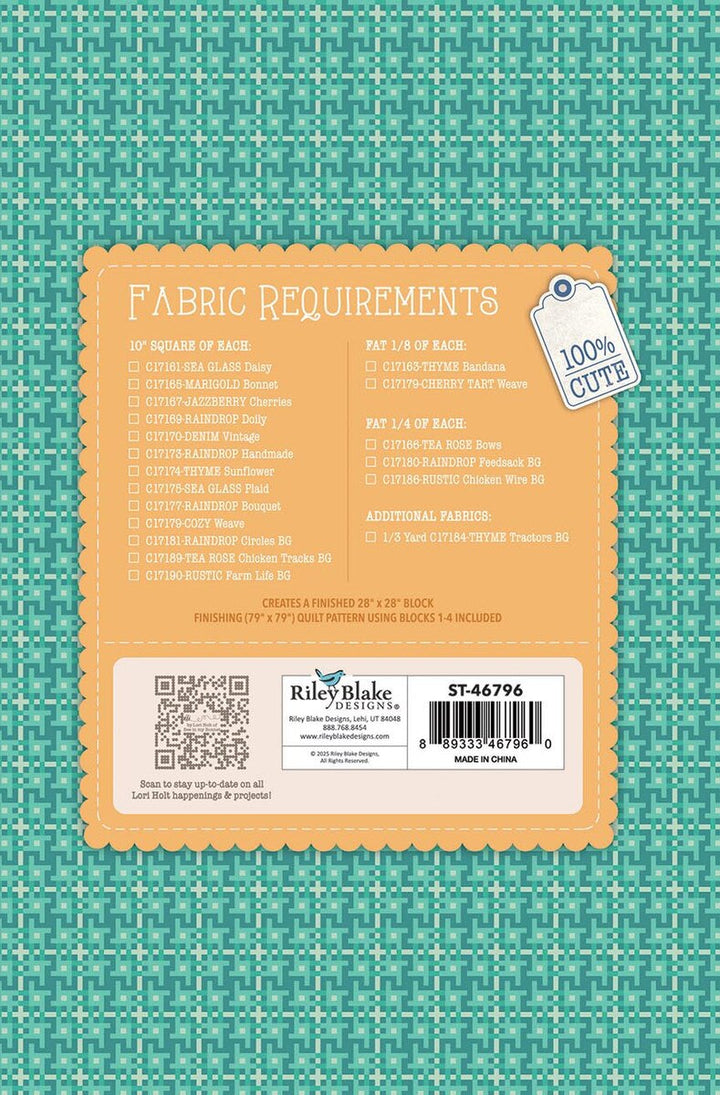 Lori Holt Farmer's Daughter Quilt Seeds™ Winter Barn -tilkkutyöohje 71 cm lato-tilkkublokin ompeluun keräiltävässä siemenpussissa.