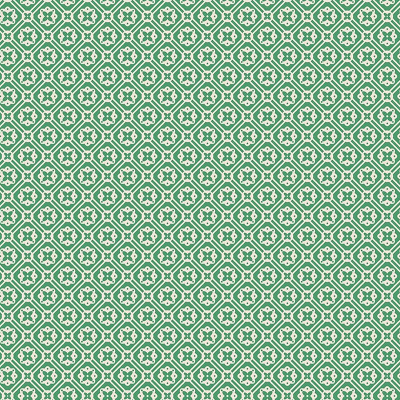 Lori Holtin Farmer's Daughter -kokoelman Doily Alpine -puuvillakangas. Viheä pohja, geometrisiä kuvioita, sopii tilkkutöihin ja käsitöihin.
