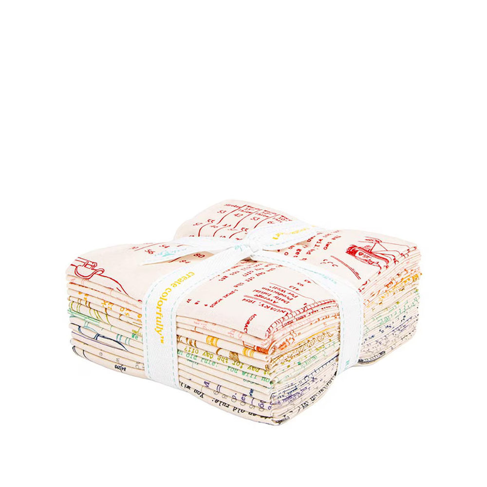 Lori Holt Type/ography B Fat Quarter -kangasnippu, 12 taustakuosia typografisessa kuosissa.
