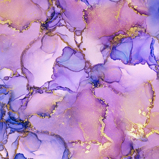 Digitaalipainettu violetti ja kultasävyinen puuvillakangas Hoffmann Luminous Love -kokoelmasta, täydellinen tilkkutöihin ja käsitöihin.