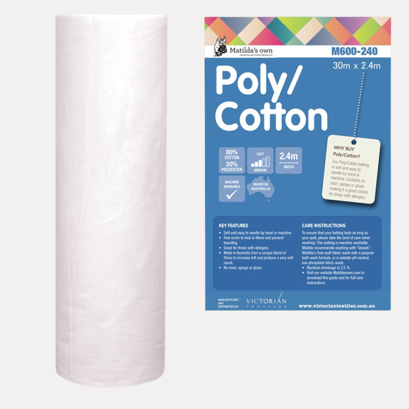 Matilda’s Own Poly/Cotton puuvillasekoitevanu – 80% puuvillaa, 20% polyesteriä, 240 cm leveä, hengittävä ja konepestävä tilkkutyövanupala.