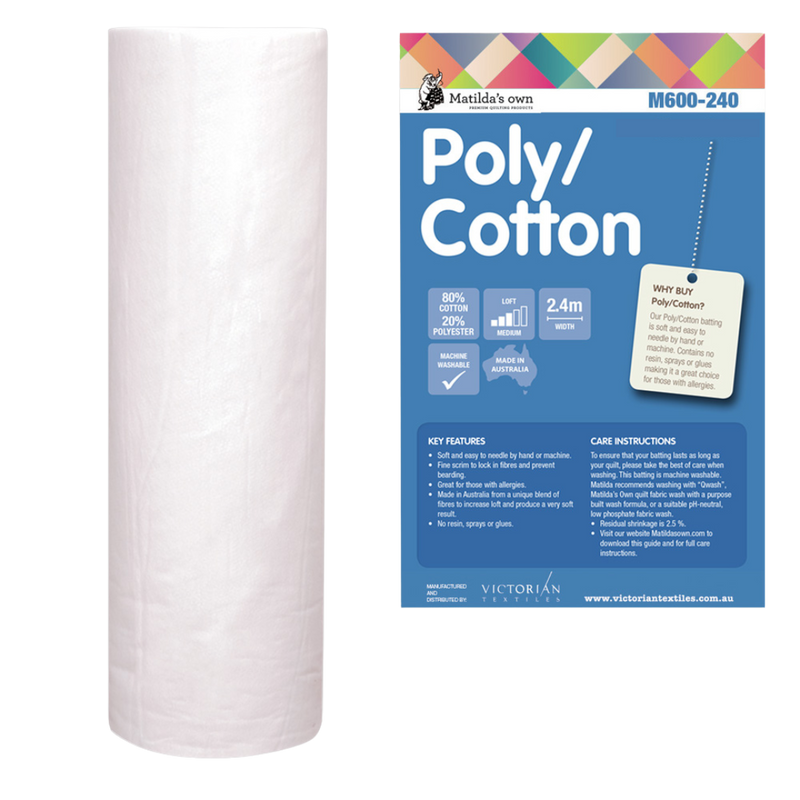 Matilda’s Own Poly/Cotton puuvillasekoitevanu – 80% puuvillaa, 20% polyesteriä, 240 cm leveä, hengittävä ja konepestävä tilkkutyövanupala.