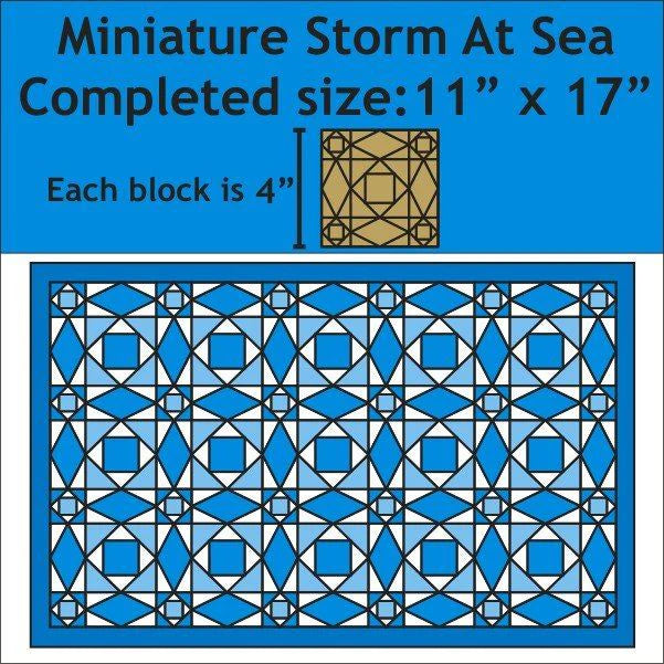 Miniature Storm at Sea -ohje ja paperiosat Englantilainen paperiompelu -tilkkutyöhön, valmiin työn koko 28 × 43 cm