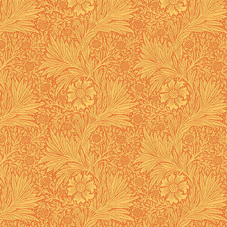 Original Morris&Co.n Buttermere kokoelman Marigold Sunshine kangas, oranssit kukkakuviot keltaisella pohjalla