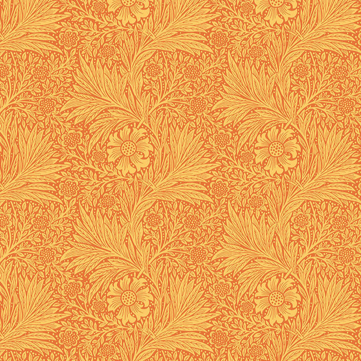 Original Morris&Co.n Buttermere kokoelman Marigold Sunshine kangas, oranssit kukkakuviot keltaisella pohjalla