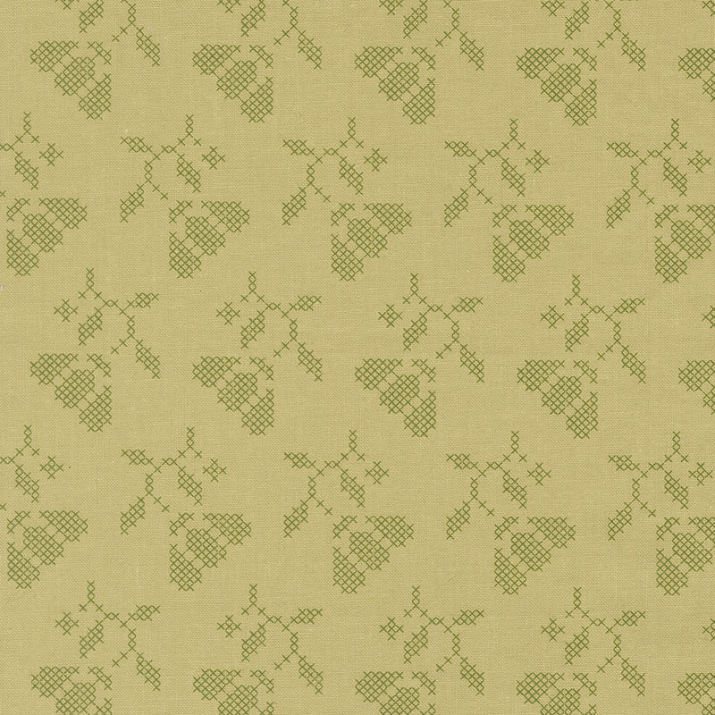 My Sew Quilty Life Sunbonnet Blooming Stitches Pear puuvillakangas, ristipistokukka- ja lehtikuvio vaalealla pohjalla