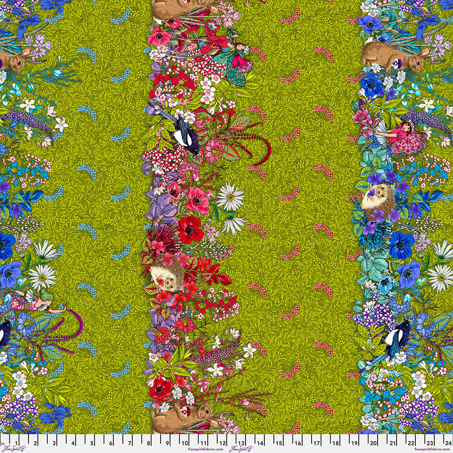 Hedgerow Green - reunuskangas, Language of Flowers -kokoelmasta, suunnittelija Odile Bailloeul, Free Spirit Fabrics, romanttinen kukkakuvio vihreällä pohjalla.