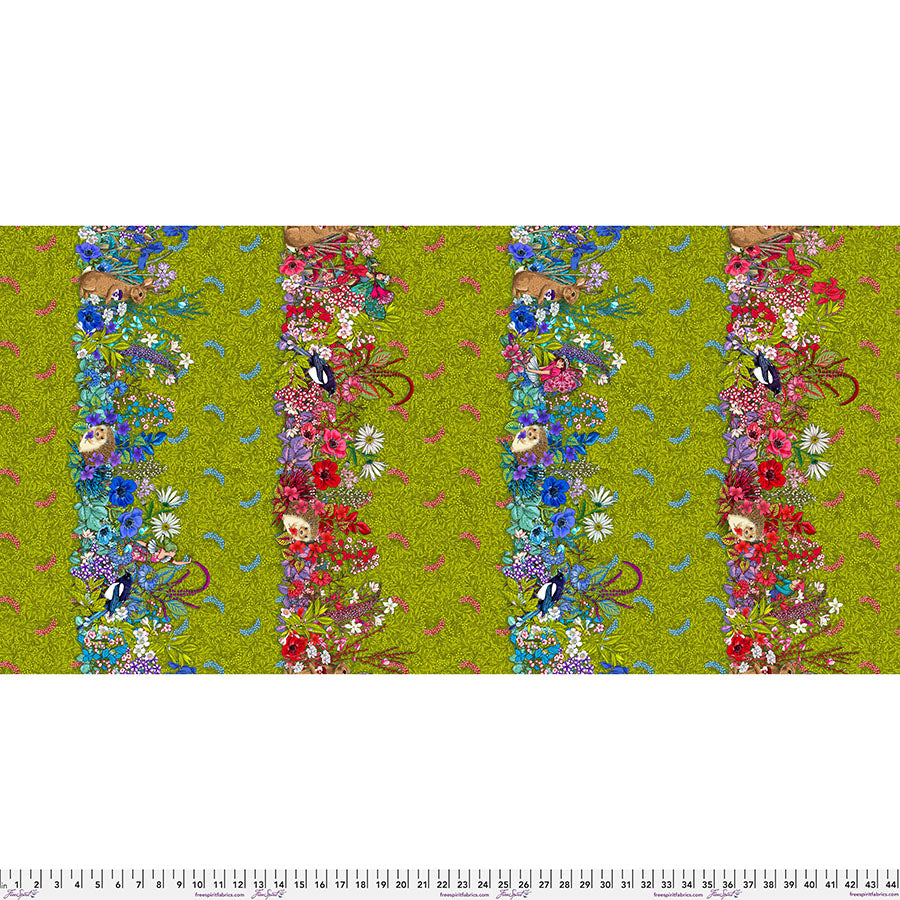 Hedgerow Green - reunuskangas, Language of Flowers -kokoelmasta, suunnittelija Odile Bailloeul, Free Spirit Fabrics, romanttinen kukkakuvio vihreällä pohjalla.