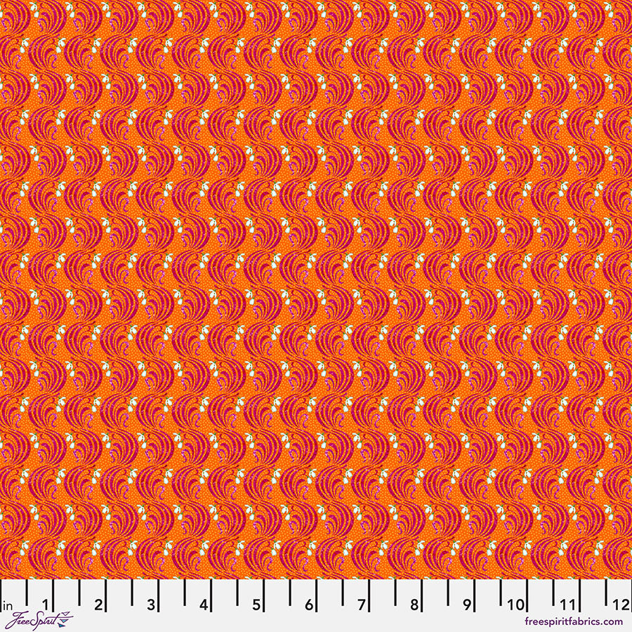 January Orange -puuvillakangas, Language of Flowers -kokoelmasta, suunnittelija Odile Bailloeul, Free Spirit Fabrics, romanttinen kukkakuvio oranssilla pohjalla.