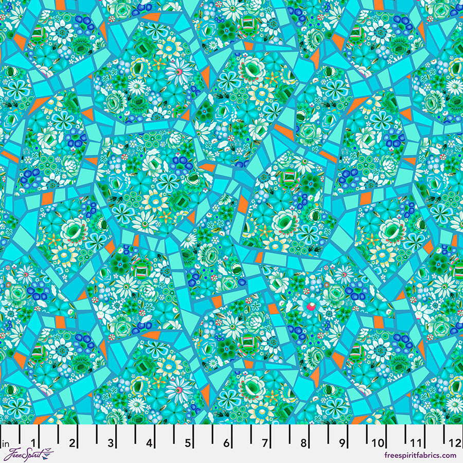 Rialto Jade -kangas Odile Bailloeulin Murano-kokoelmasta, 100% puuvillaa, värikkäät kuviot, erinomainen tilkkutöihin ja ompeluun, leveys ~110 cm
