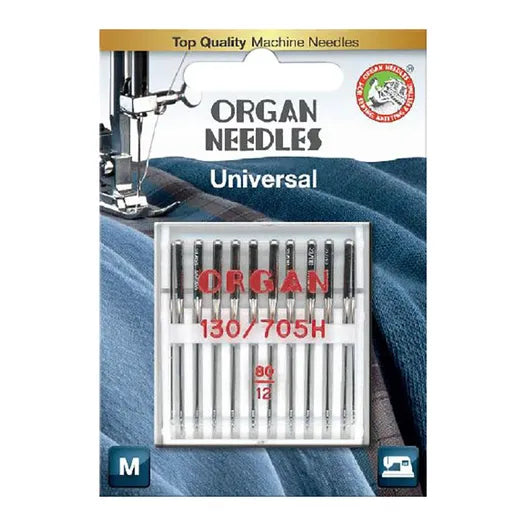 Organ Universal 80/12 ompelukoneneulat – 10 kappaleen pakkaus yleiskäyttöön kudotuille kankaille.