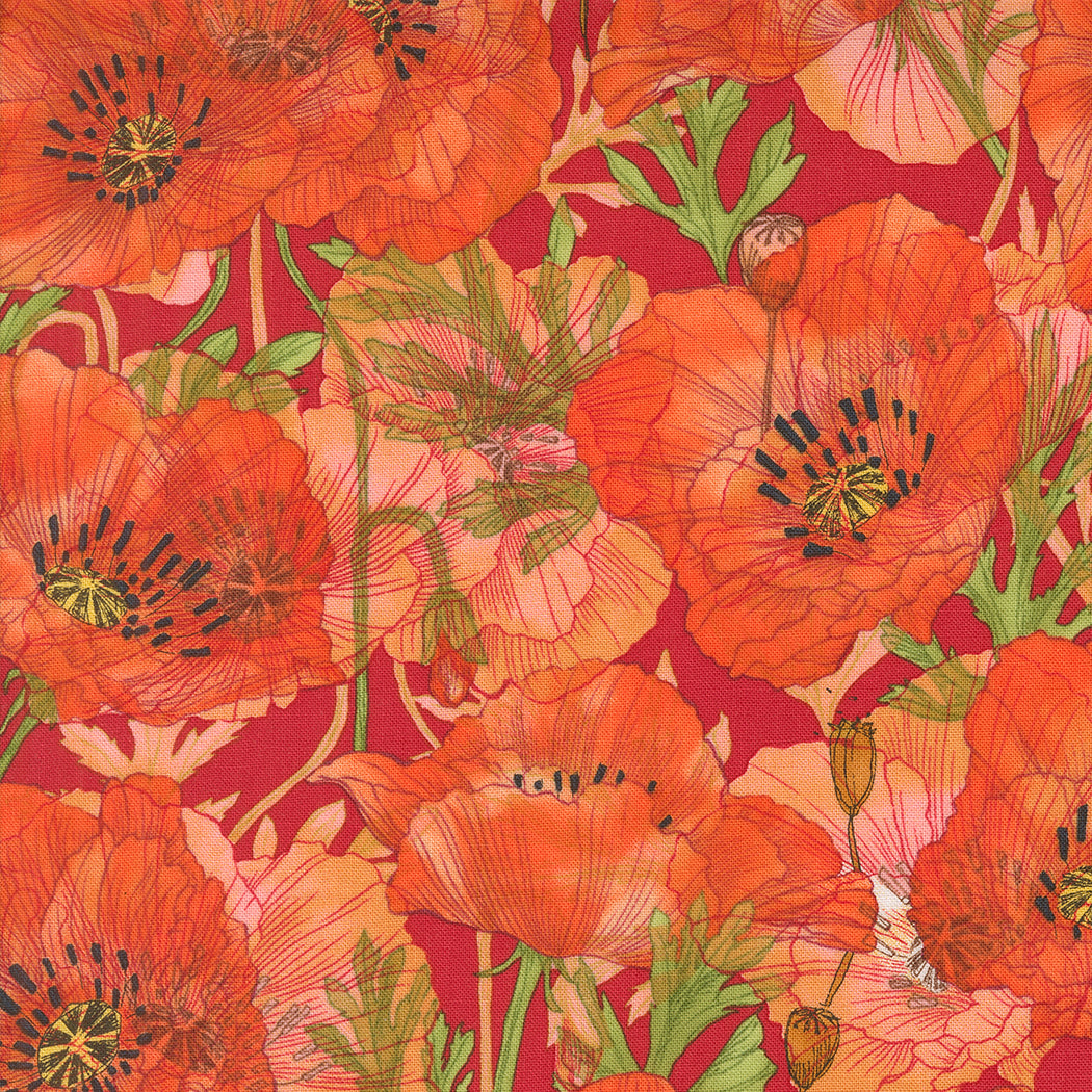 Robin Pickens - Superbloom kokoelman Poppy Geranium unikkokuviota punaisella pohjalla.