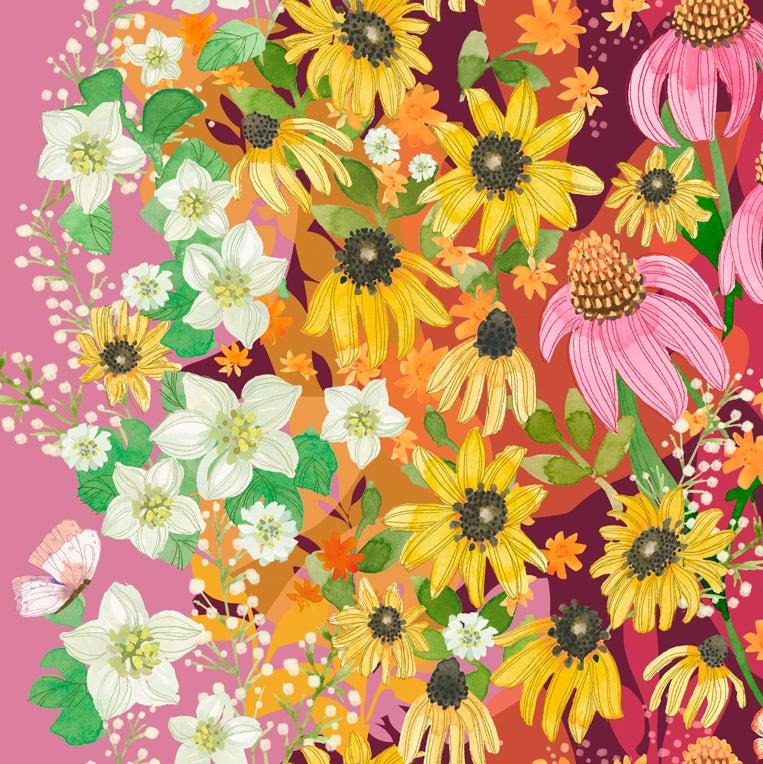 Robin Pickens - Superbloom kokoelman Jewel Wildflowers villikukkien piirroksia sisältävä ombre-kangaspaneeli.
