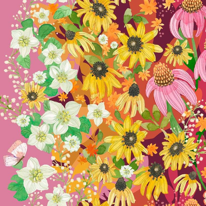 Robin Pickens - Superbloom kokoelman Jewel Wildflowers villikukkien piirroksia sisältävä ombre-kangaspaneeli.